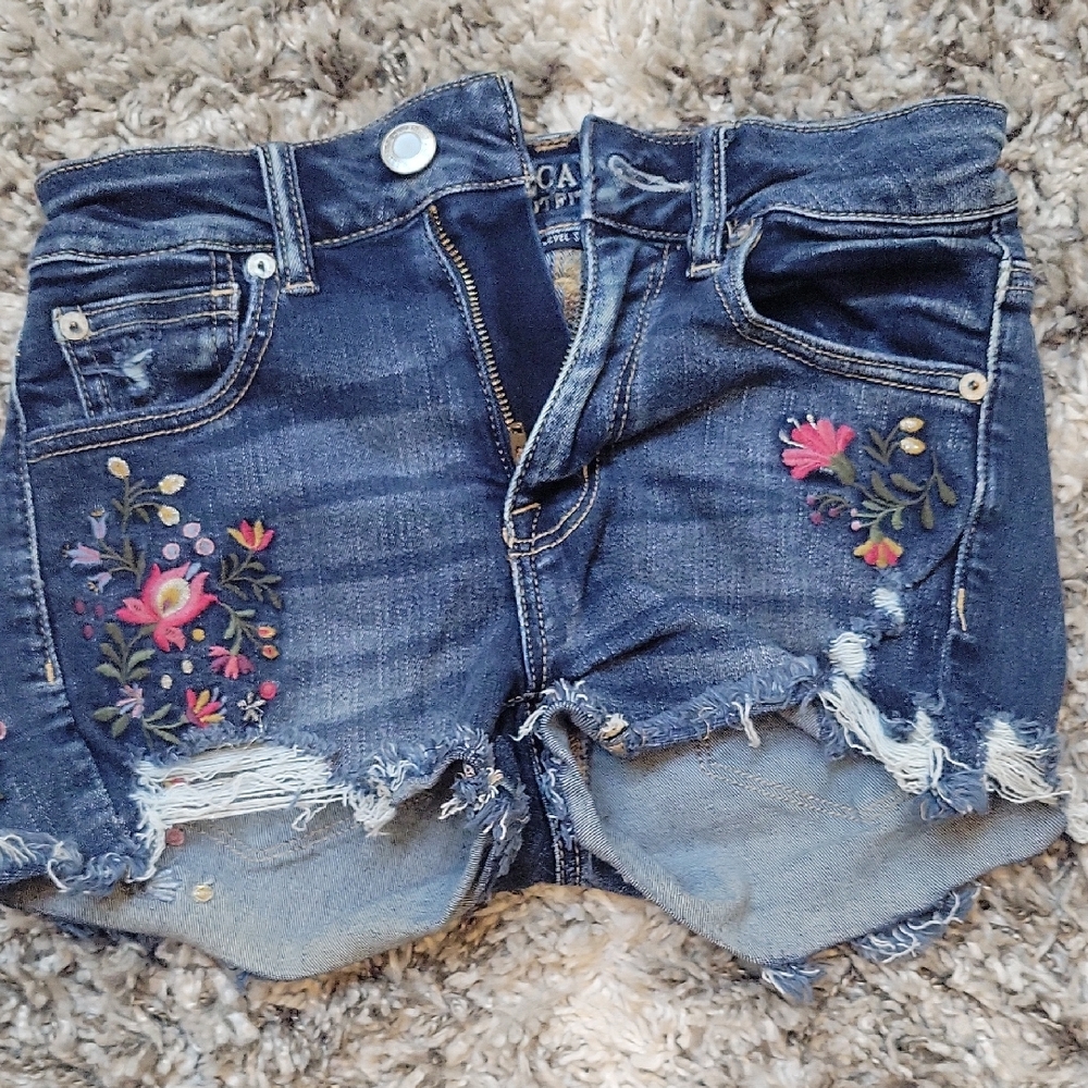 American Eagle Dark Blue Jean Shorts with Floral Design